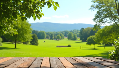 Wooden table, empty table, Green lawn, grass and sea background. hard wood table, sea, sea side, summer, outdoor, sunny day, sunlight, country side, garden, field, natural vibe, good for key up.