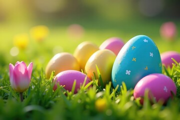 Fototapeta premium Colorful Easter eggs hidden in spring grass, April flowers , nature, red, blue