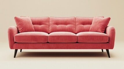 Fototapeta premium A bold fabric sofa in flamingo pink, featuring slim black legs, set on a pale beige background with shadow
