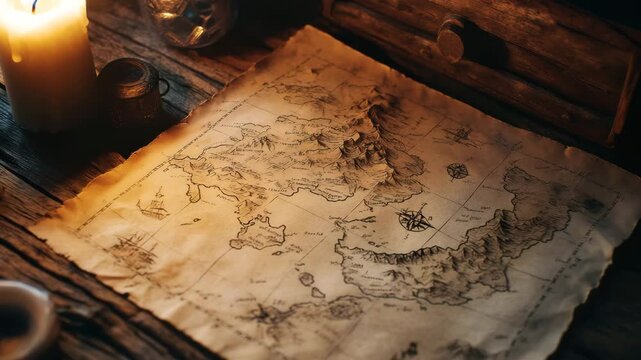 A map of the world is on a table with candles and a drawer. The map is old and has a vintage feel to it. The candles are lit, creating a warm and cozy atmosphere. The drawer is open