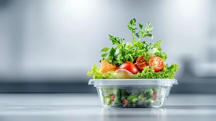 A fresh salad in a clear container, featuring vibrant greens and cherry tomatoes, set against a blurred kitchen background.