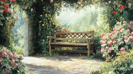 Garden bench with climbing plants and blooms