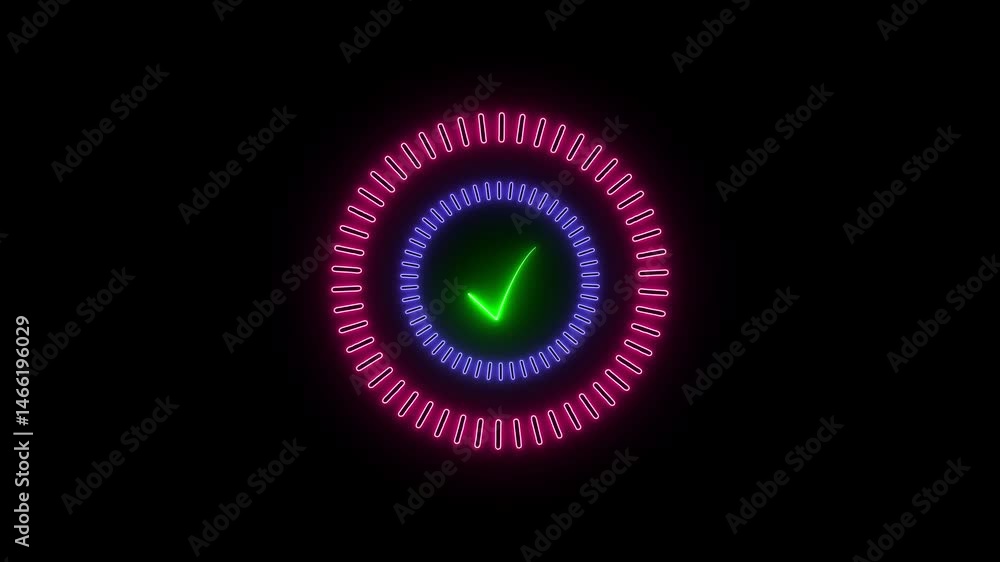 Poster tick mark correct accept select confirm success finishing circle, glowing neon light check mark icon