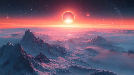 Naklejka premium Epic space fantasy scene featuring mountainous alien terrain under a cosmic sunset with visible planets 