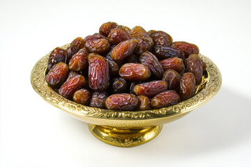 Obraz premium Fresh Dates Arranged in Golden Bowl on White Surface Capturing the Essence of Natural Delicacies and Exquisite Presentation for Culinary Delight