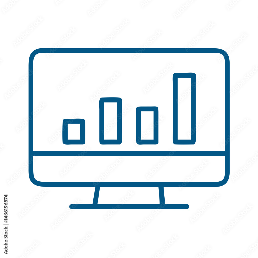 Poster computer monitor with bar chart icon in blue outline style