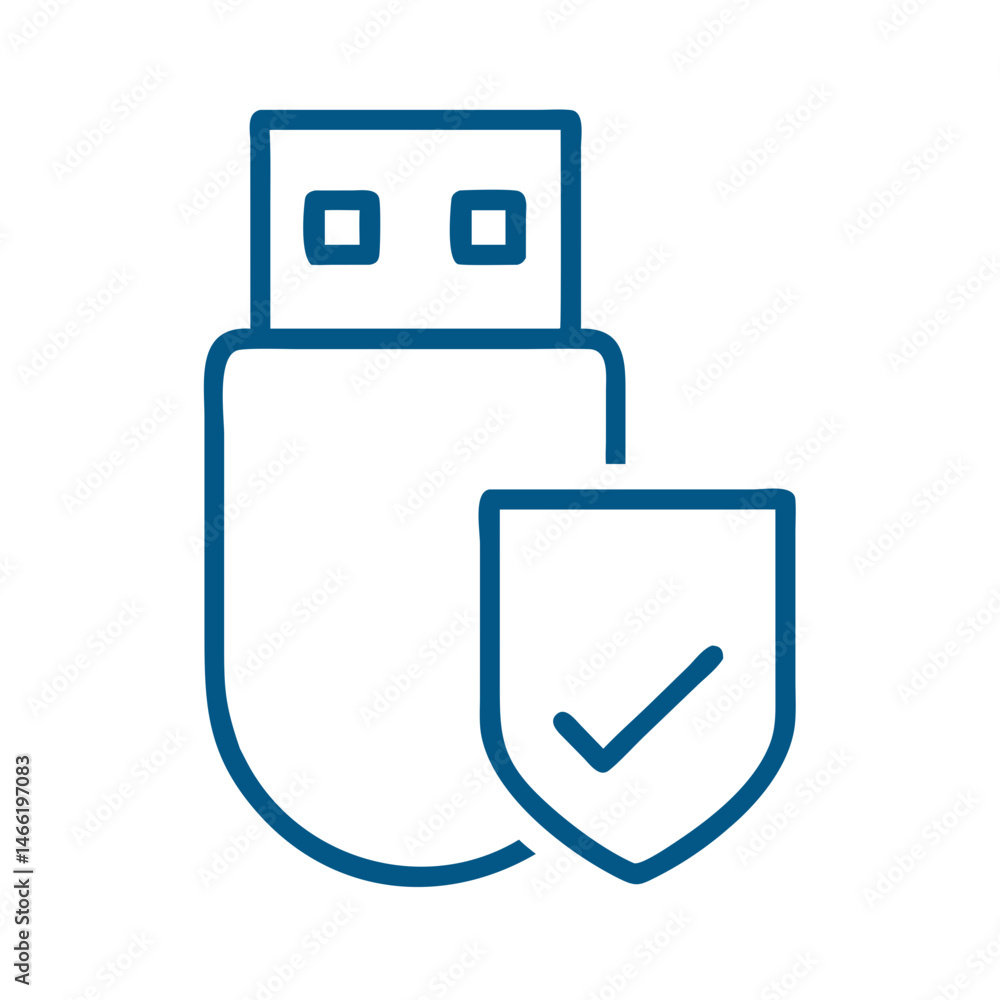 Poster USB stick with shield icon in blue outline data security style