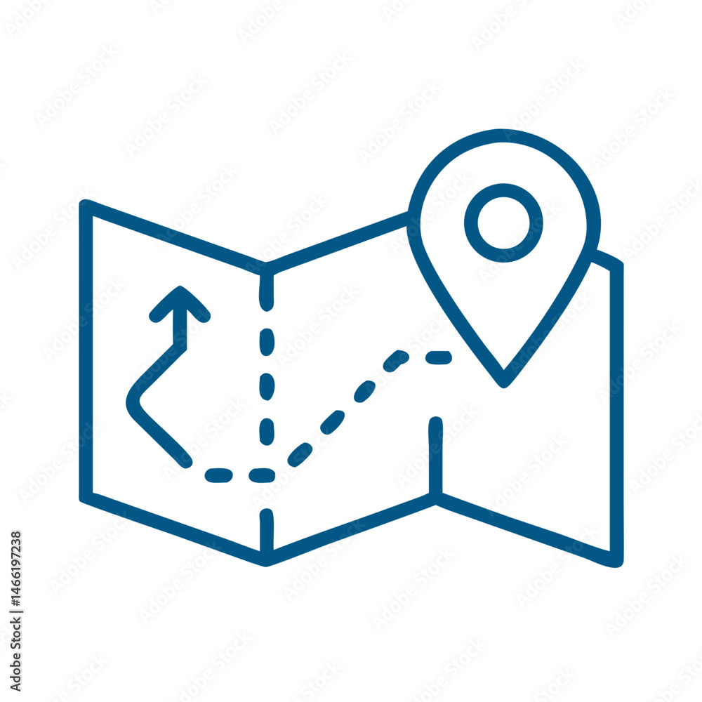 Poster folded map with pin and path icon in blue outline travel style