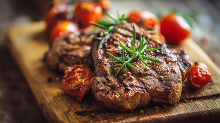 Juicy grilled beef steak with roasted tomato garnish, a savory feast for the senses