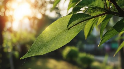 Vibrant green leaf bathed in sunlight, a serene moment of nature's delicate beauty