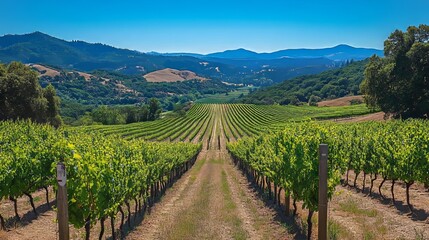 Fototapeta premium serene vineyard in summer with rows of green grapevines stretching to the horizon under a clear blue sky, Generative AI