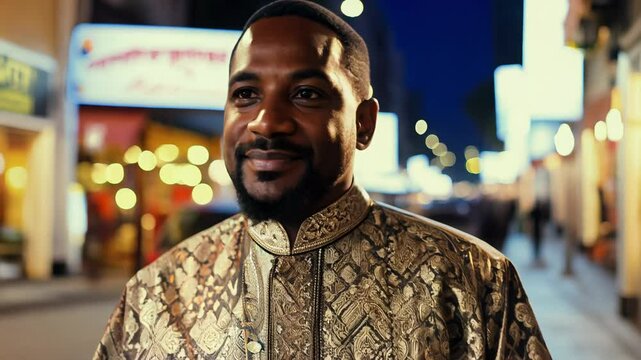 Nigerian man in agbada walks confidently, facing the camera, past storefronts with glowing signs at night, dolly zoom in video, practical light