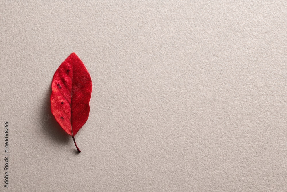 Aufkleber single red leaf delicately placed on soft beige paper background showcasing minimalist beauty during