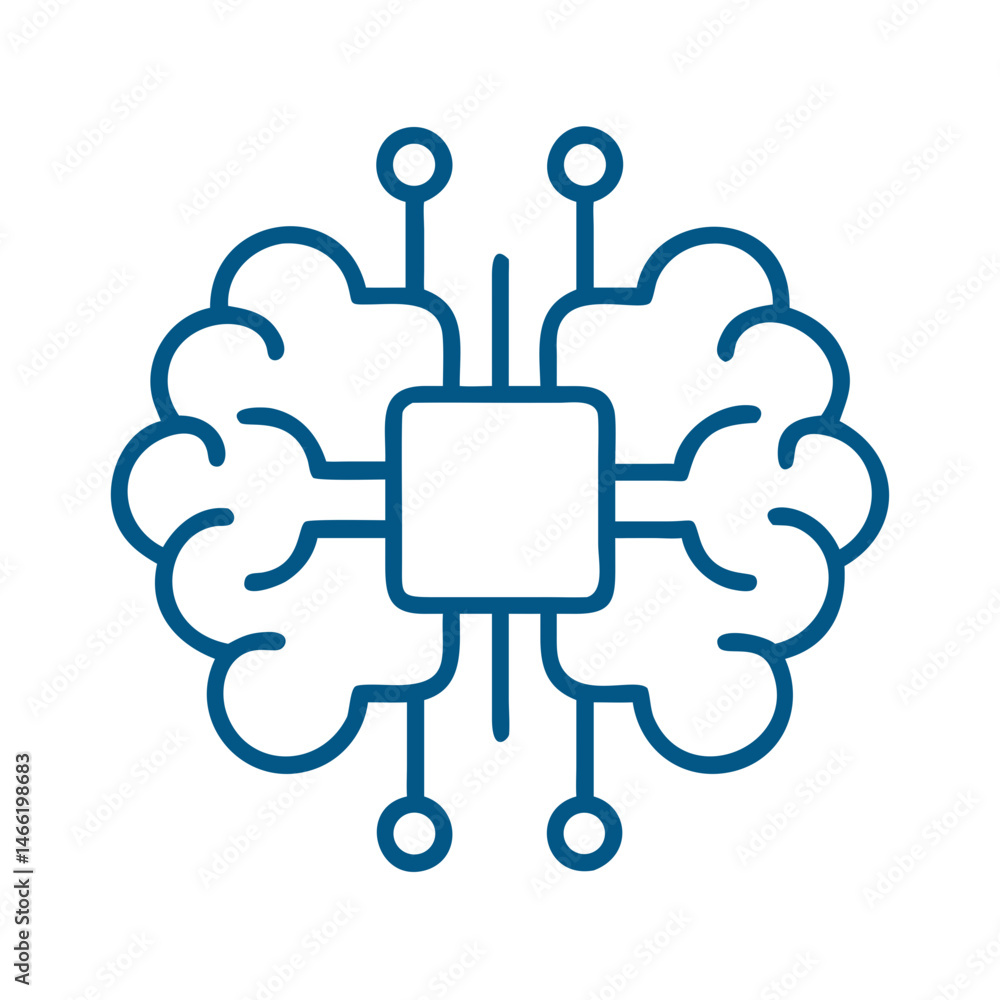 Poster brain with processor chip icon in blue outline tech style