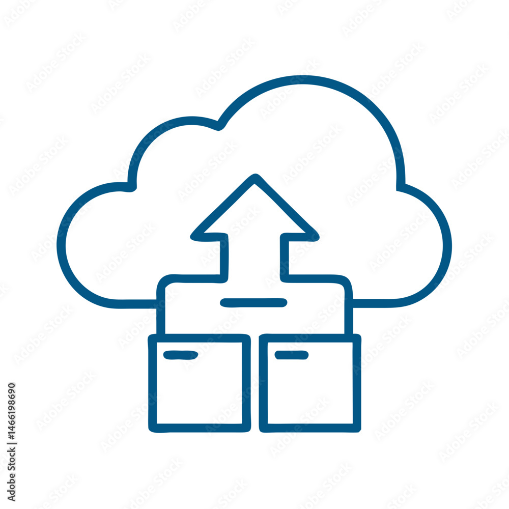 Poster cloud upload icon with arrow and server boxes in blue outline style