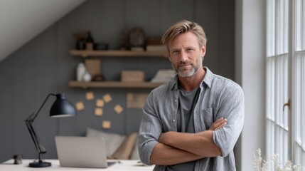 Fototapeta premium Confident Middle Aged Man in Gray Shirt Poses in Bright Home Office