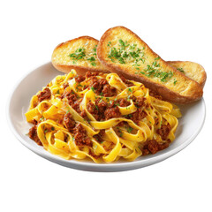 Fototapeta premium Delicious Tagliatelle with Bolognese Sauce and Garlic Bread