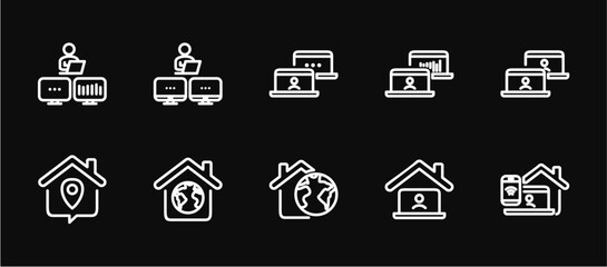 Remote Work Line Icons . Freelancer Work from Home, Video Call, Online Meeting, Teleconference Vector Set