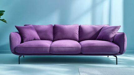 A contemporary fabric sofa in plum purple, with minimalist black legs, placed on a pale blue background with shadow