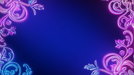 Neon floral frame on dark blue background