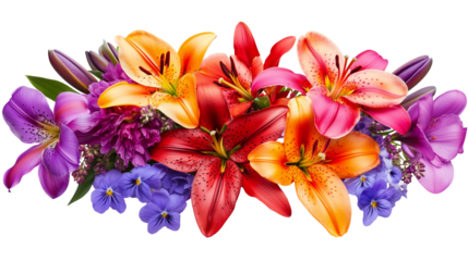 A set of vibrant close-up images of a colorful flower arrangement with lively colors, isolated on a transparent background