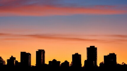 Fototapeta premium City skyline silhouette against a warm dusk sky, urban simplicity meets serene twilight.