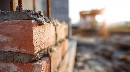 Stacked brick wall with fresh mortar texture, morning light casting soft shadows, a glimpse of construction progress in the backdrop