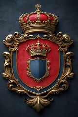 Ornate gold shield crest, red and blue, crowned