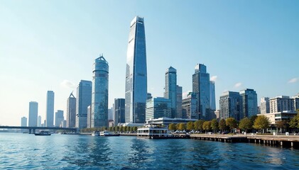 Naklejka premium Modern Tallinn cityscape, sleek buildings, harbor view, Scenery, Metal