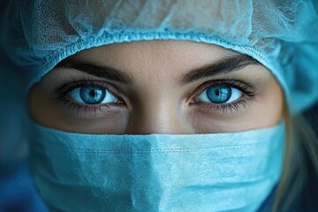 Close-up of a female surgeon's intense blue eyes peering from behind a surgical mask.
