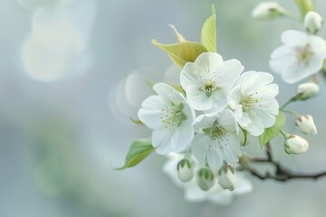 Fototapeta premium Blossoming branch: White flowers cluster with delicate petals and unopened buds