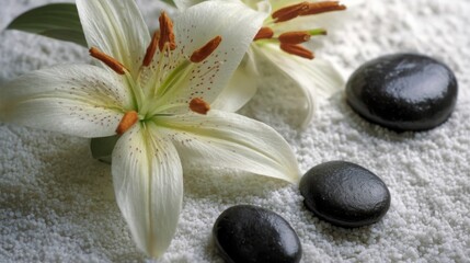 Fototapeta premium Zen garden stones and lily in close-up, a moment of peace and harmony