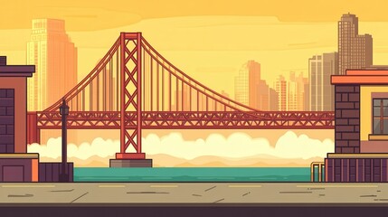 Golden Gate Pixelated Panorama A Nostalgic San Francisco Impression With Warm Sunset Hues Representing Retro Digital Aesthetic Charm