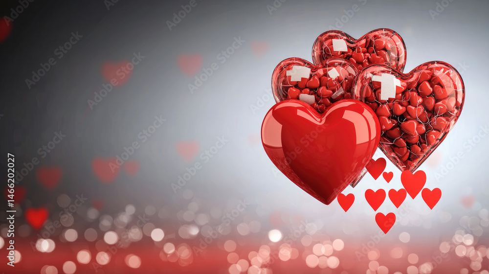 Poster Red heart shapes, glossy and filled with small hearts, float on soft bokeh background, creating romantic and dreamy atmosphere perfect for love and Valentine Day themes