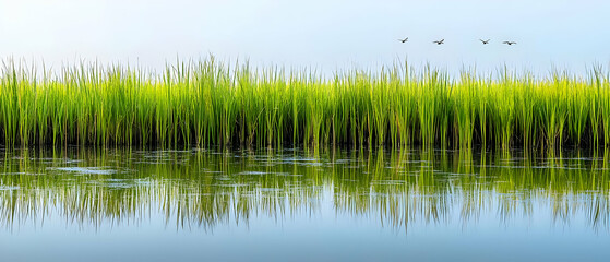 Obraz premium Tranquil Wetland Landscape Reflecting Green Vegetation