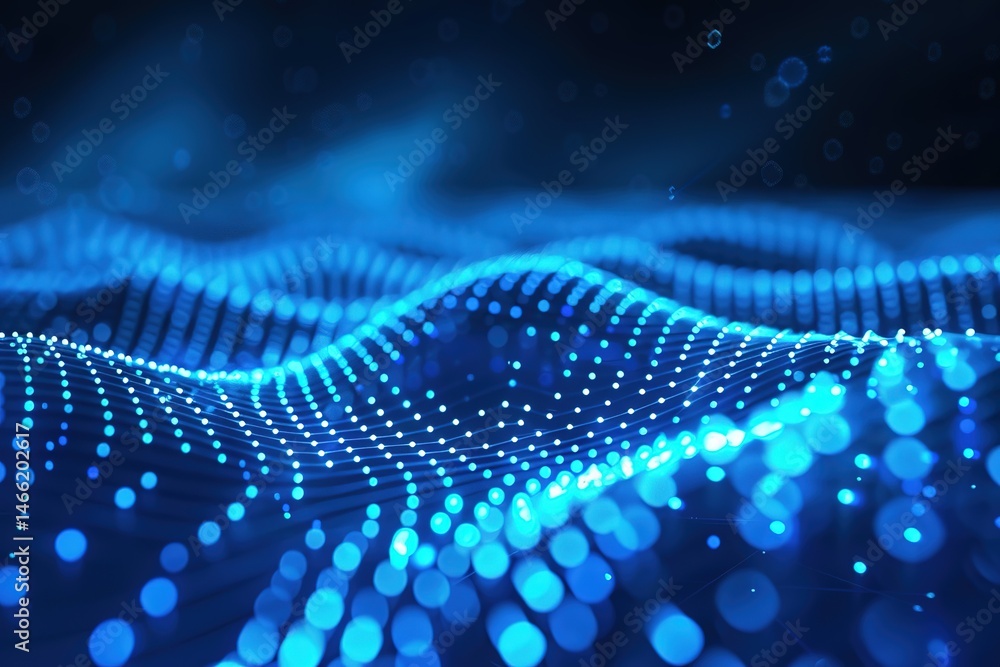 Poster abstract blue digital wave with connected dots representing technology and data