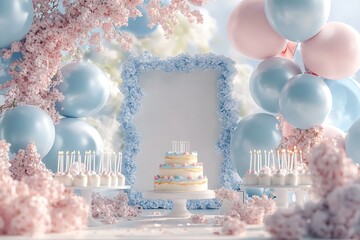 Pastel birthday celebration with cake balloons flowers and a blank frame for customized messages