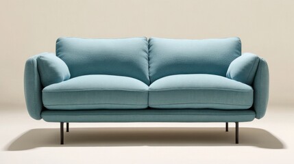 A modern fabric sofa in ice blue, featuring sleek black legs, set on a soft white background with shadow