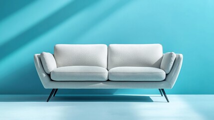 A modern fabric sofa in light grey, featuring sleek black legs, set against a pastel blue background with shadow 