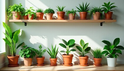 Fototapeta premium Variety of potted plants arranged on shelves in a bright space , jungle room, living room, plant display