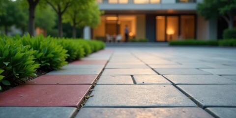 Evening Light Illuminates a Pristine Pathway Leading to a Modern Residence with Lush Greenery