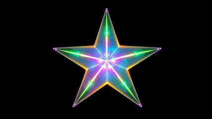 A vibrant iridescent five-pointed star glows brightly against a pure black background creating a dazzling festive effect perfect for holiday designs.