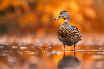 Duck wading in water with fall foliage in the background standing in shallow water