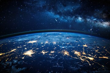 Obraz premium Earth from space: Night lights glow beneath a starry expanse and blue atmosphere