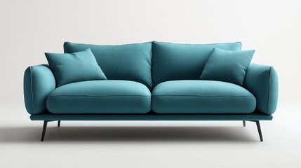 A sleek fabric sofa in cool teal, featuring thin black legs, set on a soft white background with shadow 