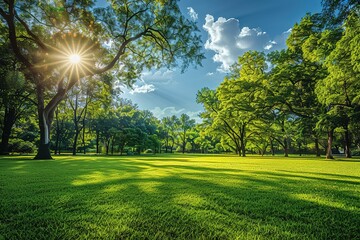 Lush green park with trees and grass illuminated by the sun creating a peaceful scene