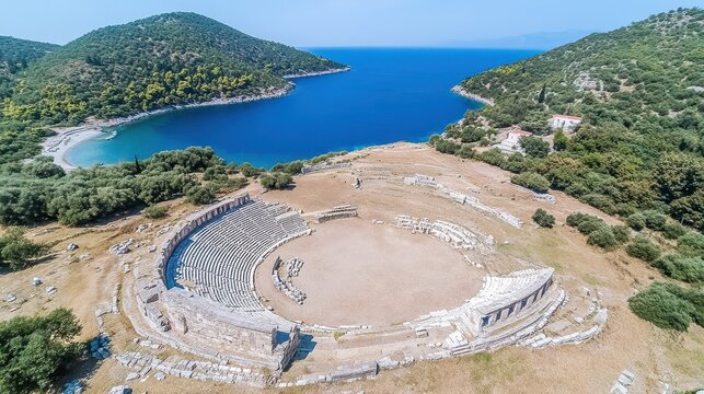 Aerial view ruins of an ancient greek amphitheater, historical site in epidaurus coast, seascape backdrop and summer holiday landscape