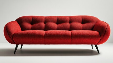 Fototapeta premium A vibrant fabric sofa in bright red, with clean black legs, placed on a light grey background with shadow 