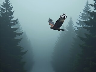 Fototapeta premium Hawk Soaring Through Misty Forest