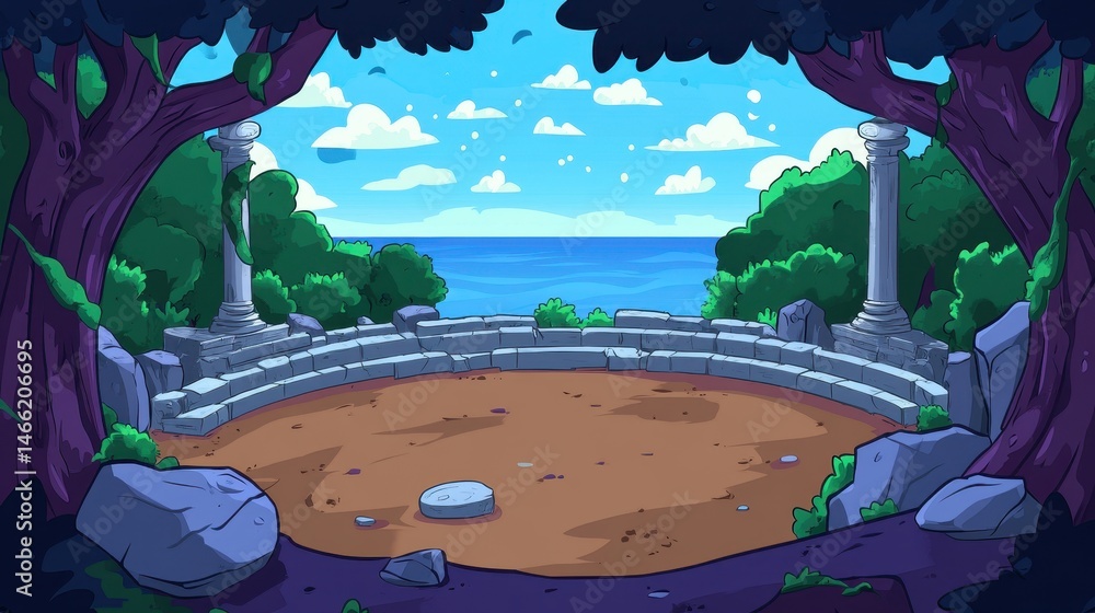 Poster pixelated seaside arena with forest edge and classical ruins digital art stylized background for gam